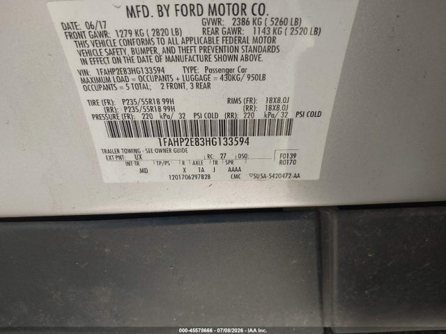 Продажа на аукционе авто 2017 Ford Taurus Sel, vin: 1FAHP2E83HG133594, номер лота: 45578666