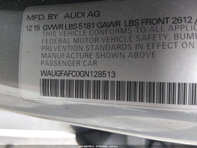 45578672 :رقم المزاد ، WAUGFAFC0GN128513 vin ، 2016 Audi A6 2.0t Premium Plus مزاد بيع
