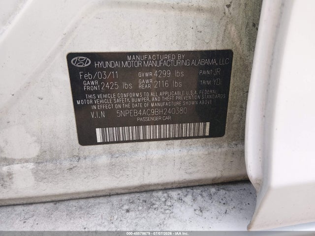 Aukcja sprzedaży 2011 Hyundai Sonata Gls, vin: 5NPEB4AC9BH240380, numer aukcji: 45578679