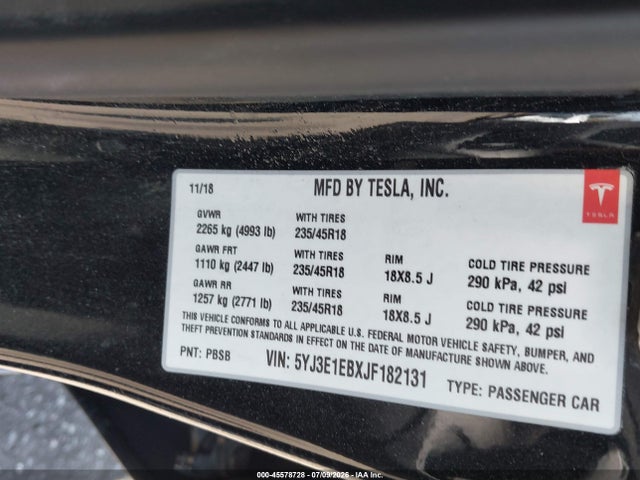 Aukcja sprzedaży 2018 Tesla Model 3 Long Range/performance, vin: 5YJ3E1EBXJF182131, numer aukcji: 45578728