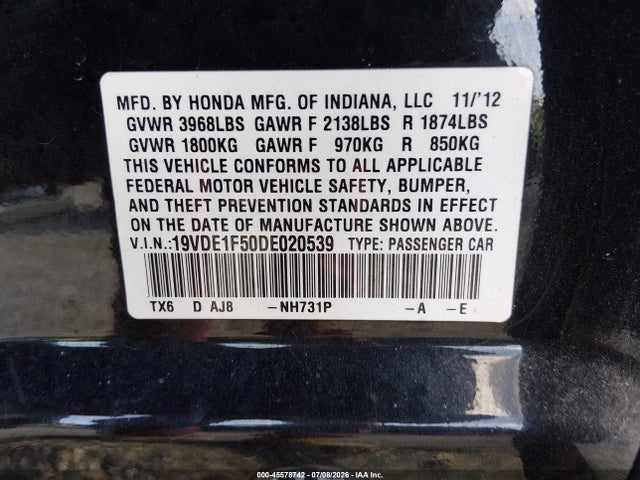 2013 Acura Ilx 2.0l მანქანა იყიდება აუქციონზე, vin: 19VDE1F50DE020539, აუქციონის ნომერი: 45578742