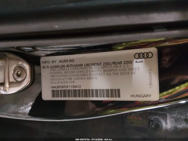 45578754 :رقم المزاد ، WAUEFGFF2F1139412 vin ، 2015 Audi A3 2.0t Premium مزاد بيع