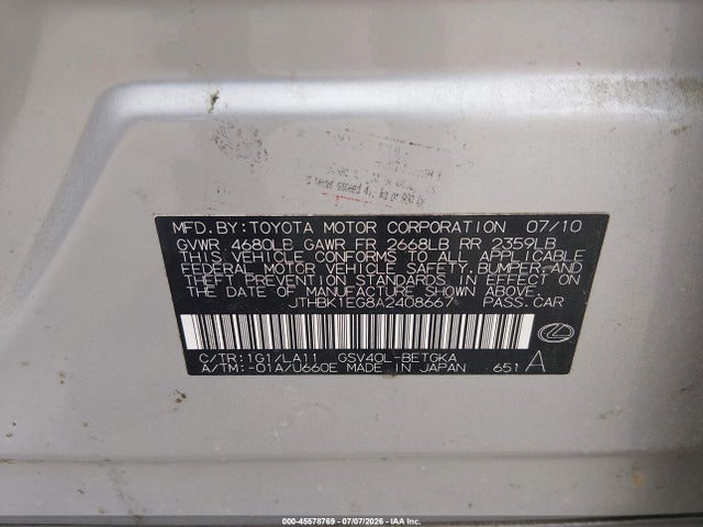 Aukcja sprzedaży 2010 Lexus Es 350, vin: JTHBK1EG8A2408667, numer aukcji: 45578769