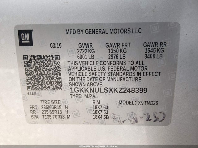45578784 :رقم المزاد ، 1GKKNULSXKZ248399 vin ، 2019 Gmc Acadia Slt-1 مزاد بيع