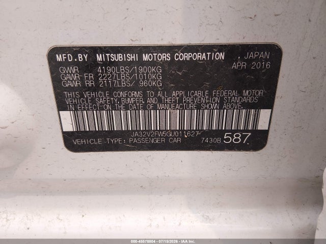 Aukcja sprzedaży 2016 Mitsubishi Lancer Es, vin: JA32V2FW5GU011627, numer aukcji: 45578804