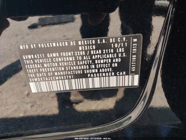 45578820 :رقم المزاد ، 3VWDX7AJ2CM063791 vin ، 2012 Volkswagen Jetta 2.5l Se مزاد بيع