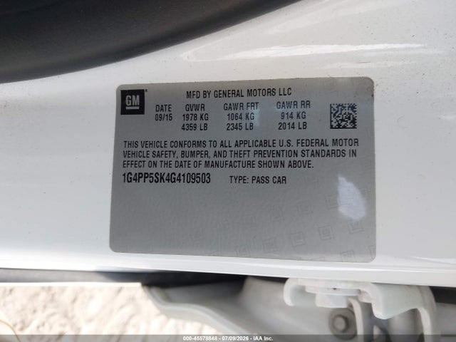45578848 :رقم المزاد ، 1G4PP5SK4G4109503 vin ، 2016 Buick Verano مزاد بيع