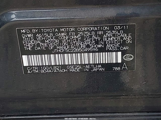 Продажа на аукционе авто 2011 Lexus Is 250, vin: JTHCF5C22B5049596, номер лота: 45578858