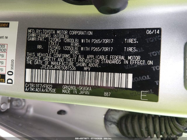 Auction sale of the 2014 Toyota 4runner Sr5, vin: JTEZU5JRXE5081536, lot number: 45578871