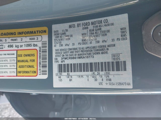 45578883 :رقم المزاد ، 3FMCR9B61MRA10773 vin ، 2021 Ford Bronco Sport Big Bend مزاد بيع