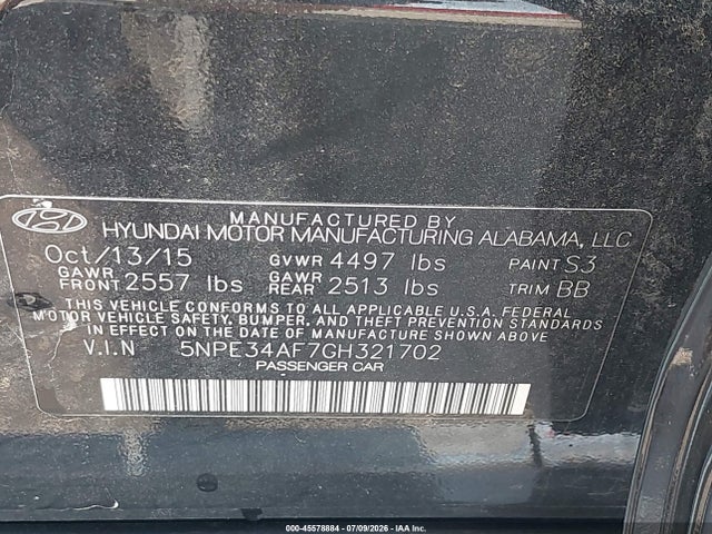 Aukcja sprzedaży 2016 Hyundai Sonata Limited, vin: 5NPE34AF7GH321702, numer aukcji: 45578884