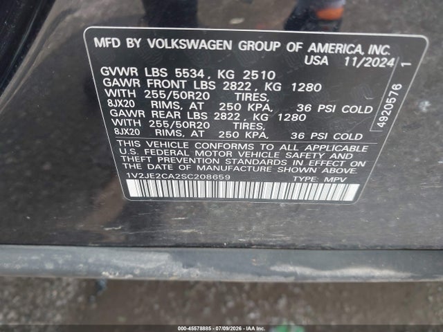 45578885 :رقم المزاد ، 1V2JE2CA2SC208659 vin ، 2025 Volkswagen Atlas Cross Sport 2.0t Se W/technology مزاد بيع