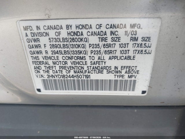 45578888 :رقم المزاد ، 2HNYD18244H507191 vin ، 2004 Acura Mdx مزاد بيع