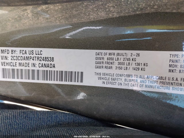 2026 Dodge Charger Scat Pack 2-door Awd მანქანა იყიდება აუქციონზე, vin: 2C3CDAMP4TR248538, აუქციონის ნომერი: 45578889