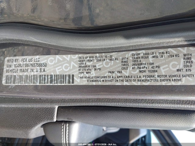 45578913 :رقم المزاد ، 1C4RJYB67N8756650 vin ، 2022 Jeep Grand Cherokee 4xe Limited 4x4 مزاد بيع
