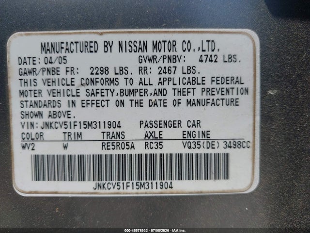 Продажа на аукционе авто 2005 Infiniti G35, vin: JNKCV51F15M311904, номер лота: 45578932