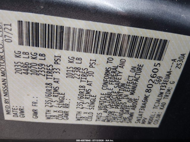 5N1AT3BA6MC802605 Nissan Rogue Sv Fwd