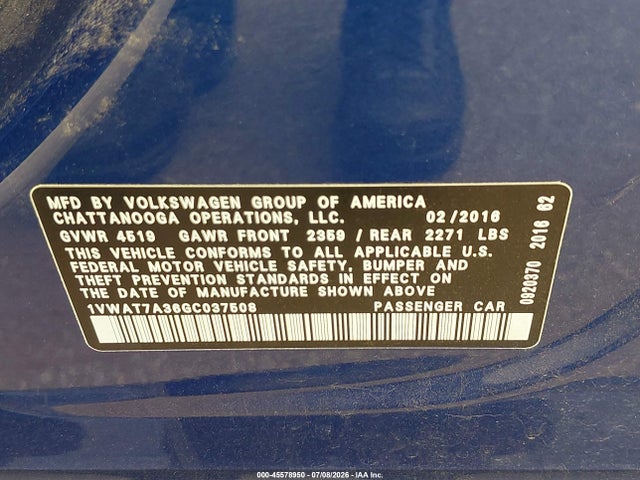 2016 Volkswagen Passat 1.8t R-line მანქანა იყიდება აუქციონზე, vin: 1VWAT7A36GC037508, აუქციონის ნომერი: 45578950