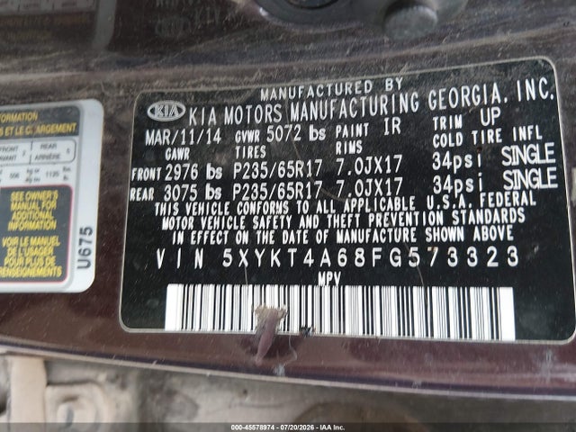 KIA SORENTO LX 2015 5XYKT4A68FG573323 Image 9