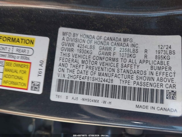 2HGFE4F81SH324428 Honda Civic Hybrid Sport/sport Touring