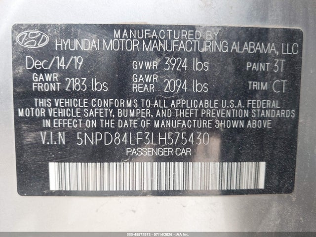 Продажа на аукционе авто 2020 Hyundai Elantra Sel, vin: 5NPD84LF3LH575430, номер лота: 45578978