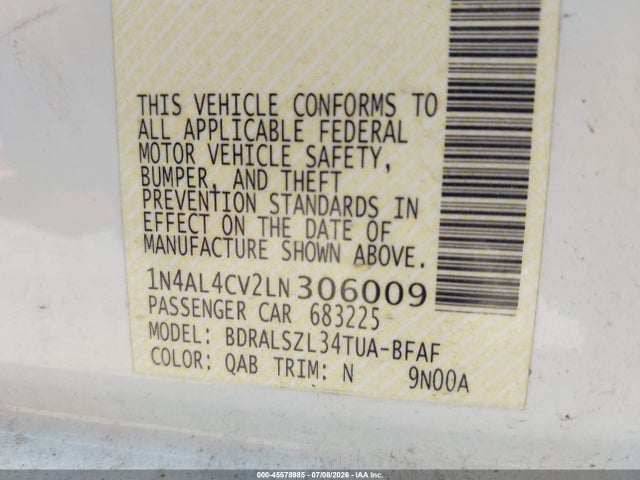 45578985 :رقم المزاد ، 1N4AL4CV2LN306009 vin ، 2020 Nissan Altima Sr Vc-turbo Fwd مزاد بيع