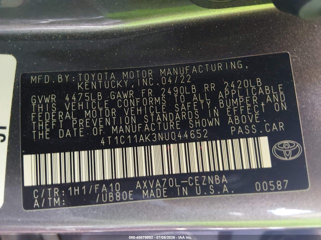 Toyota CAMRY LE 2022 4T1C11AK3NU044652 Image 9