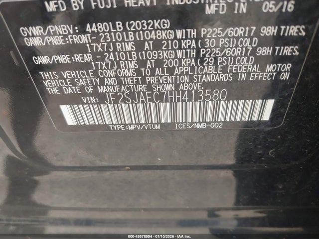 Продажа на аукционе авто 2017 Subaru Forester 2.5i Premium, vin: JF2SJAEC7HH413580, номер лота: 45578994