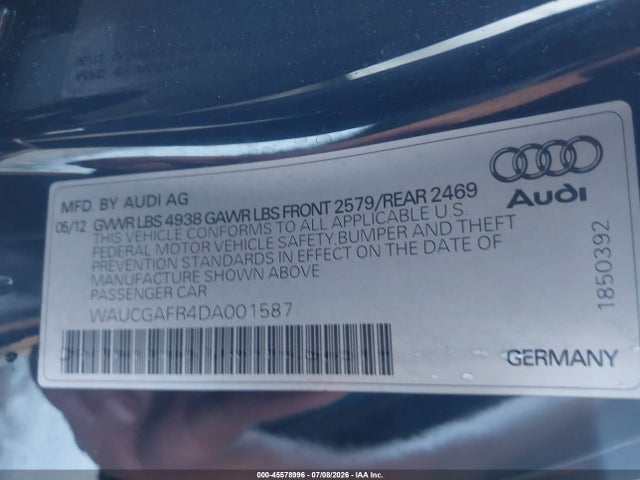 2013 Audi S5 3.0t Premium Plus მანქანა იყიდება აუქციონზე, vin: WAUCGAFR4DA001587, აუქციონის ნომერი: 45578996