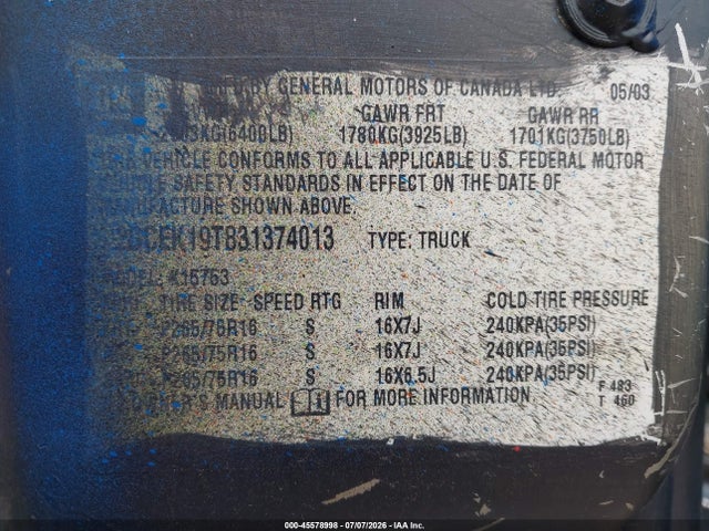 Aukcja sprzedaży 2003 Chevrolet Silverado 1500 Ls, vin: 2GCEK19T831374013, numer aukcji: 45578998