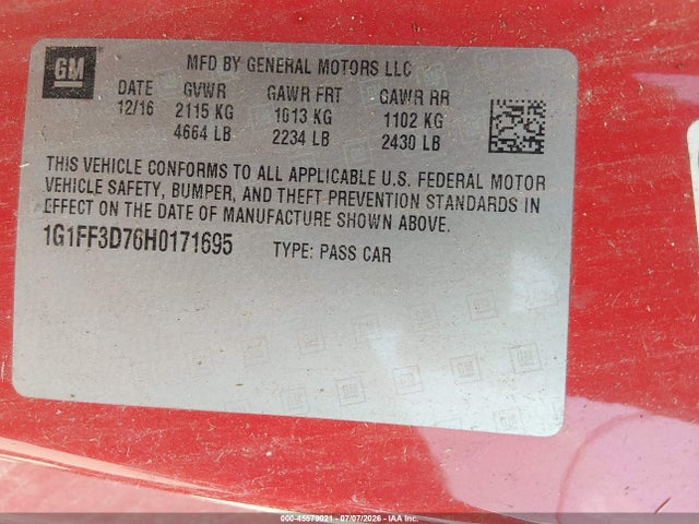 Auction sale of the 2017 Chevrolet Camaro 1ss, vin: 1G1FF3D76H0171695, lot number: 45579021