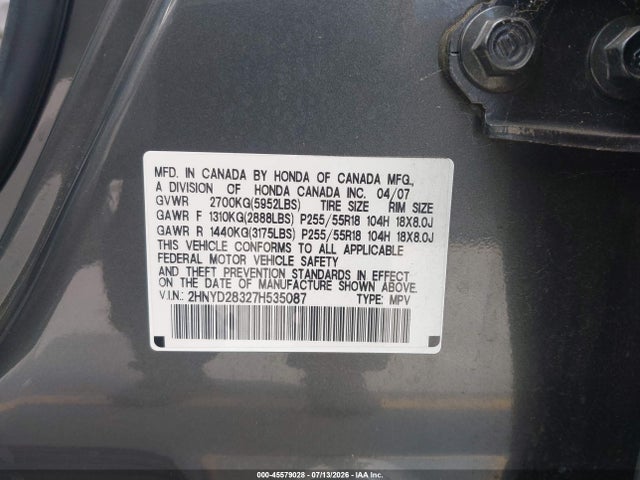 45579028 :رقم المزاد ، 2HNYD28327H535087 vin ، 2007 Acura Mdx Technology Package مزاد بيع