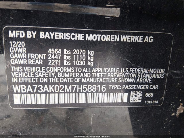 45579030 :رقم المزاد ، WBA73AK02M7H58816 vin ، 2021 Bmw 228i Gran Coupe Xdrive مزاد بيع