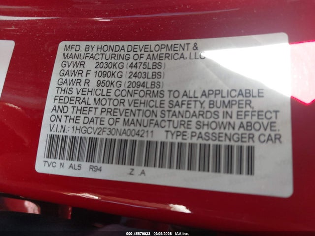 1HGCV2F30NA004211 Honda Accord Sport 2.0t
