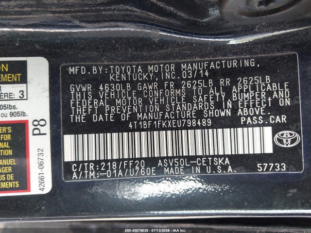 2014 Toyota Camry Se Sport მანქანა იყიდება აუქციონზე, vin: 4T1BF1FKXEU798489, აუქციონის ნომერი: 45579039
