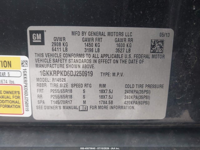 Продаж на аукціоні авто 2013 Gmc Acadia Sle-2, vin: 1GKKRPKD6DJ250919, номер лоту: 45579045