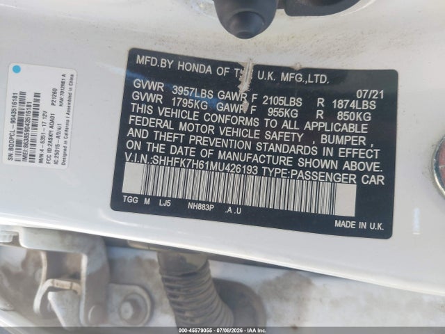 Honda CIVIC EX 2021 SHHFK7H61MU426193 Image 9