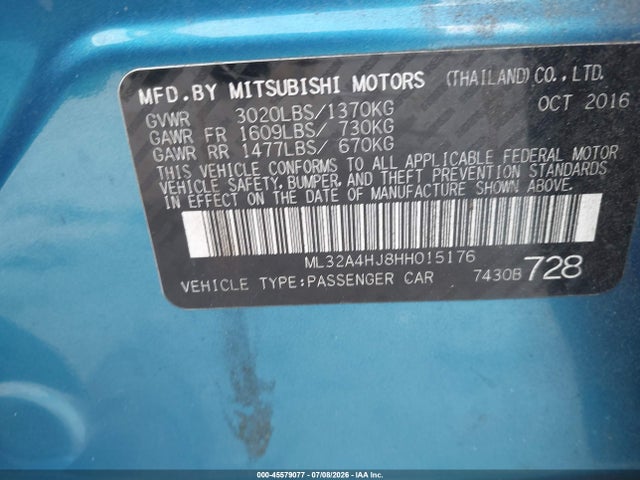 Продаж на аукціоні авто 2017 Mitsubishi Mirage Se, vin: ML32A4HJ8HH015176, номер лоту: 45579077