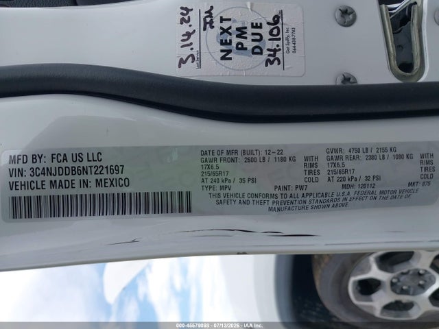 45579088 :رقم المزاد ، 3C4NJDDB6NT221697 vin ، 2022 Jeep Compass Trailhawk 4x4 مزاد بيع