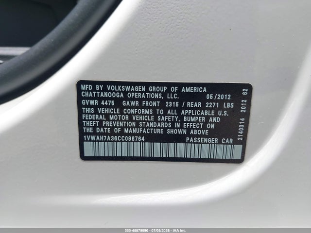 2012 Volkswagen Passat 2.5l S მანქანა იყიდება აუქციონზე, vin: 1VWAH7A36CC096764, აუქციონის ნომერი: 45579090