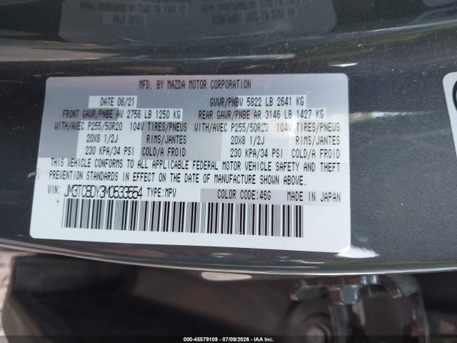 Aukcja sprzedaży 2021 Mazda Cx-9 Grand Touring, vin: JM3TCBDY3M0533554, numer aukcji: 45579109