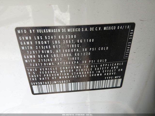 Продаж на аукціоні авто 2018 Volkswagen Tiguan 2.0t Se/2.0t Sel, vin: 3VV3B7AX2JM156827, номер лоту: 45579110