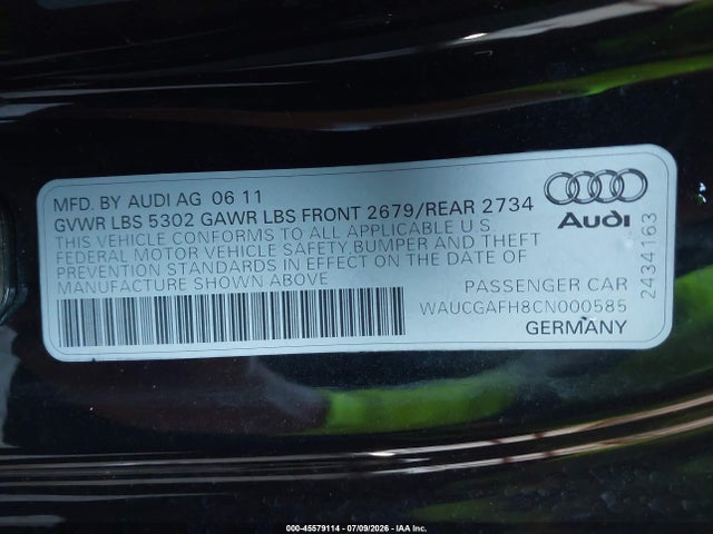 45579114 :رقم المزاد ، WAUCGAFH8CN000585 vin ، 2012 Audi S5 Premium Plus مزاد بيع
