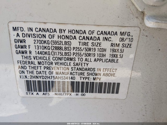 45579122 :رقم المزاد ، 2HNYD2H75AH534140 vin ، 2010 Acura Mdx Advance Package مزاد بيع