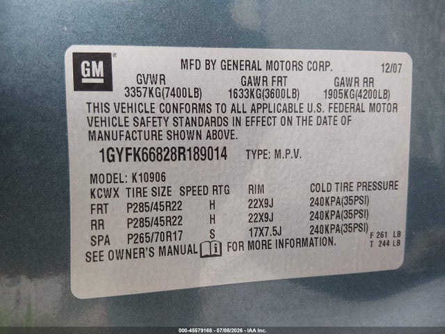 Продажа на аукционе авто 2008 Cadillac Escalade Esv, vin: 1GYFK66828R189014, номер лота: 45579168
