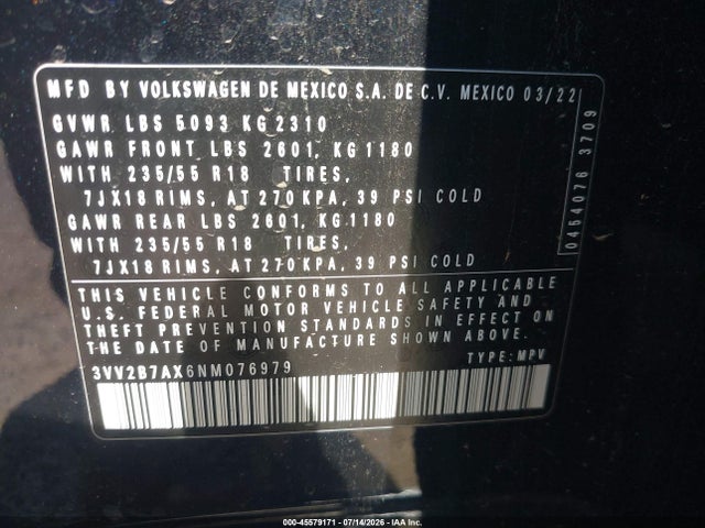 Aukcja sprzedaży 2022 Volkswagen Tiguan 2.0t Se, vin: 3VV2B7AX6NM076979, numer aukcji: 45579171