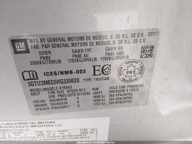 Продажа на аукционе авто 2017 Gmc Sierra 1500 Sle, vin: 3GTU2MEC6HG339620, номер лота: 45579172