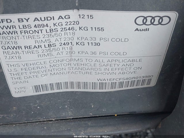 Aukcja sprzedaży 2016 Audi Q3 2.0t Premium Plus, vin: WA1EFCFS4GR013980, numer aukcji: 45579174