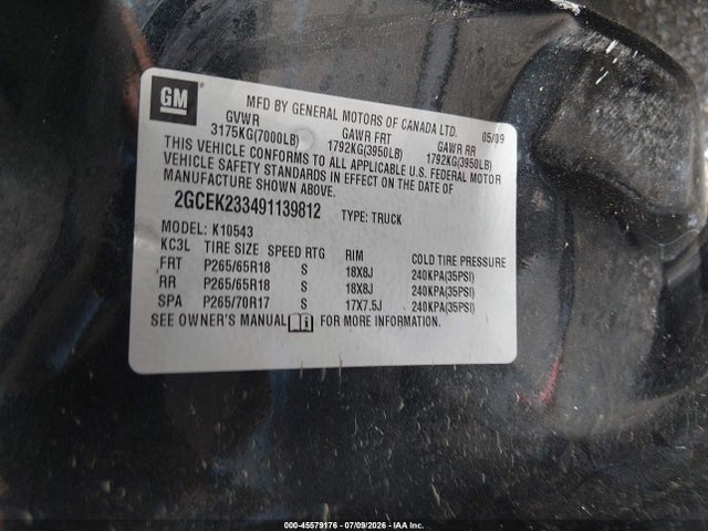 45579176 :رقم المزاد ، 2GCEK233491139812 vin ، 2009 Chevrolet Silverado 1500 Lt مزاد بيع