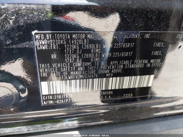 45579179 :رقم المزاد ، 4T3LWRFV2MU034476 vin ، 2021 Toyota Rav4 Hybrid Le مزاد بيع